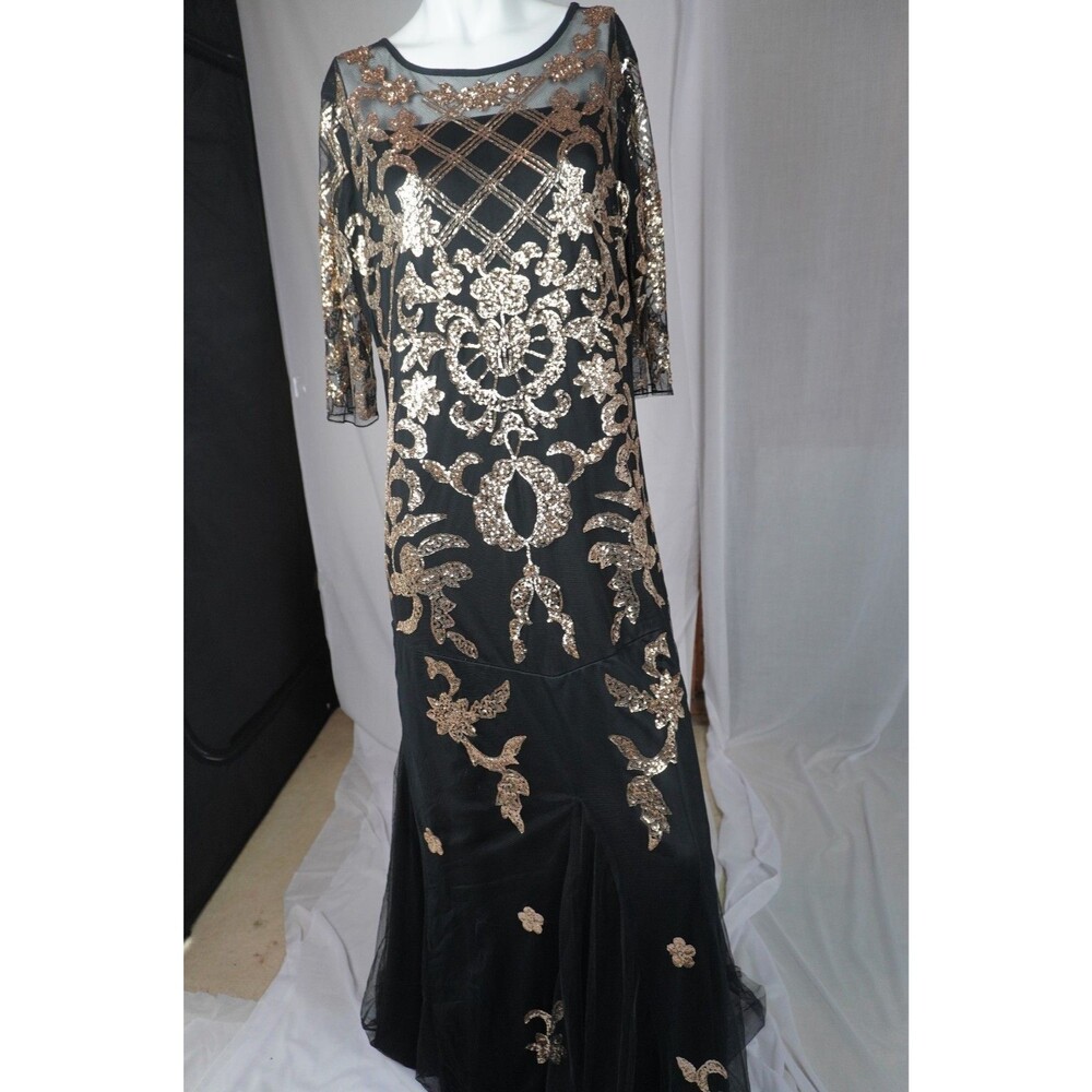 Mesh Column Black and Gold Sequin Evening Mother of the Bride Dress Sz M